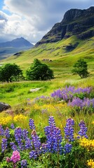A breathtaking landscape featuring vibrant flowers in a lush green meadow beneath majestic mountains under a dramatic sky.