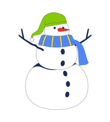 Cute snowman wearing scarf knitted hat 2D cartoon object. Wintertime leisure activity outdoor. Winter sculpture. Snow figure isolated element flat vector clipart on white background. Spot illustration