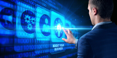 Business, Technology, Internet and network concept. Young businessman shows the word: Boost your business.