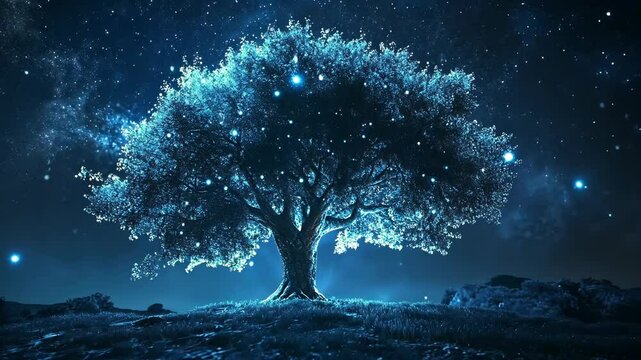 A large tree stands alone in a field under a starry night sky