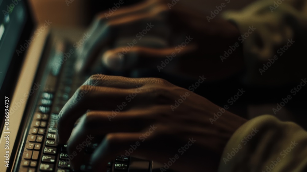 Wall mural software developer working on laptop keyboard at night