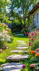 A charming garden path lined with vibrant flowers and lush greenery, inviting exploration and tranquility in a serene outdoor space.