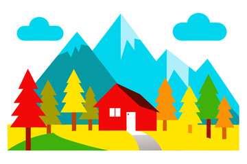 Fototapeta premium Enchanting Scenic Mountain Landscape with a Cozy Cabin Vector Illustration for Peaceful Escape 