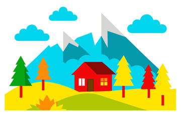 Scenic Mountain Landscape Vector Illustration of a Cozy Cabin Surrounded by Nature
