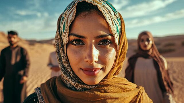 A woman in a hijab looks directly at the camera while standing in the desert