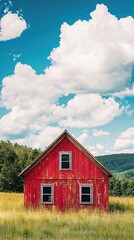 Obraz premium A charming red farmhouse in a lush green field, under a vibrant blue sky with fluffy white clouds, evoking rustic tranquility.