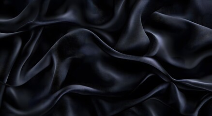 Obraz premium Black satin fabric, an elegant and luxurious background. Dark silk texture. Black cloth background. Black silk satin fabric with waves of soft folds