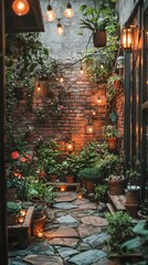 Obraz premium A charming outdoor garden space adorned with plants and warm lanterns, creating a cozy and inviting atmosphere.