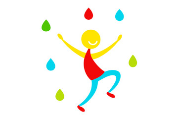 A Joyful Figure Dancing Under Colorful Raindrops in a Vibrant Playful Scene
