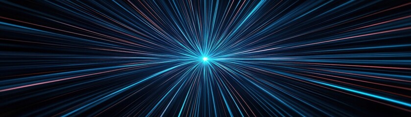 Abstract blue light streaks radiate from a central point, creating a dynamic, futuristic tunnel effect on a dark background.