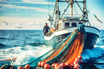 Commercial fishing. Catching fish on a seiner, a fishing vessel with nets at sea. Fishermen take out the caught fish