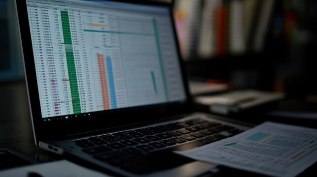 Businessman analyzing financial data on laptop with spreadsheet on screen