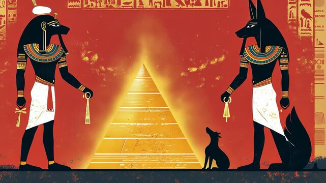 Two Anubis figures stand on either side of a golden pyramid, holding an ankh in their hands