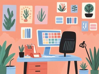 Fototapeta premium Workstation with plants and computer