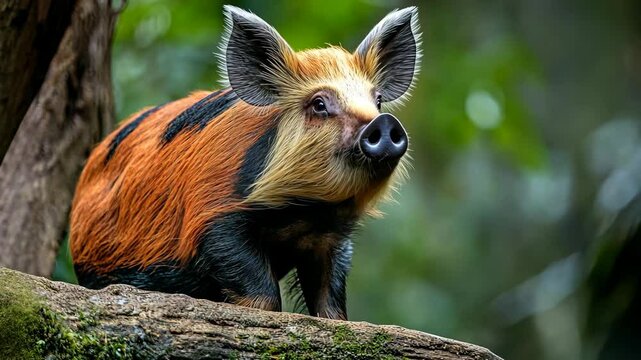 A red river hog stands on a log in the forest, looking up at the camera