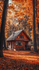 A charming wooden house nestled in a vibrant autumn forest filled with colorful leaves, creating a serene and cozy atmosphere.