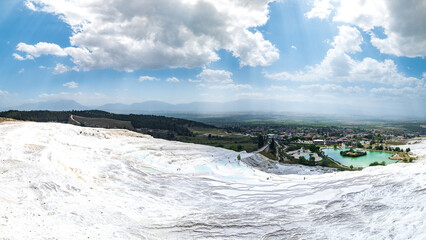 Pamukkale landscape with Natural travertine pools and terraces in Denizli, Turkey