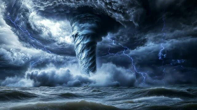 A powerful tornado touches down over the ocean during a violent storm