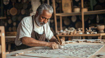 Moroccan tile maker meticulously crafting geometric patterns in a workshop photo