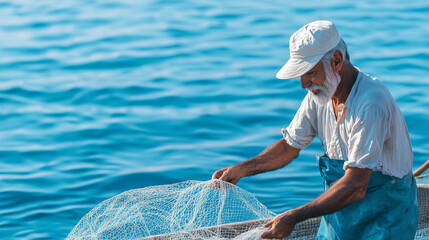 Greek fisherman mending fishing nets by the blue waters of the Aegean Sea photo