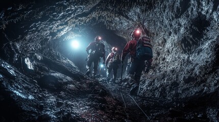 Explorers Navigating Dark Cave Environment