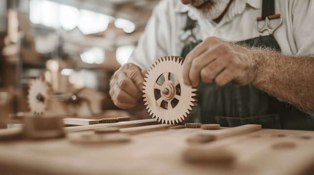 German clockmaker carefully assembling gears in a wooden cuckoo clock photo