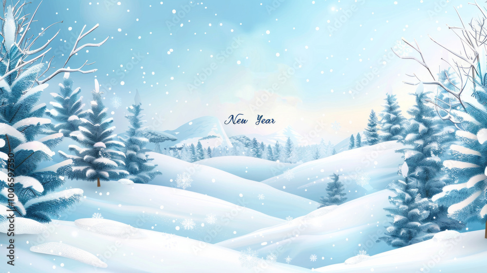Poster a snowy landscape with trees and mountains in the background
