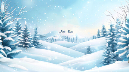 Fototapeta premium A snowy landscape with trees and mountains in the background