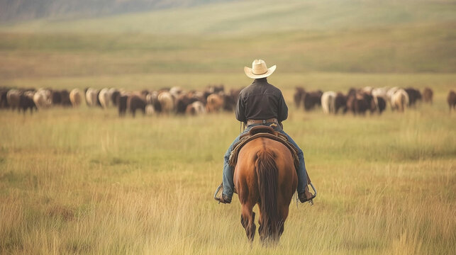 Argentine gaucho herding cattle on horseback across the Pampas grasslands photo
