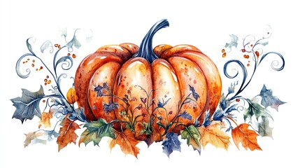 Naklejka premium A watercolor painting of a pumpkin surrounded by autumn leaves and vines.