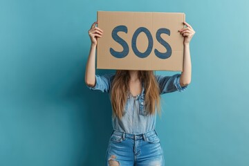 Woman Holding SOS Sign in Distress Generative AI