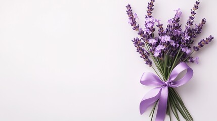 Fototapeta premium Fresh Lavender Bouquet with Elegant Purple Ribbon