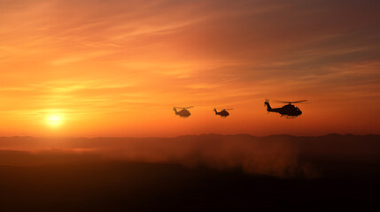 A tactical helicopter squadron, flying low over a desert at sunset, their rotors kicking up dust as they move towards a distant battlefield. Helicopter squadron flying at sunset.


