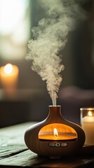 A cozy aromatherapy diffuser emitting soothing steam and warm light, perfect for relaxation and tranquility in any space.