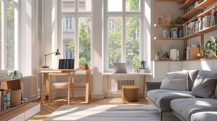 Fototapeta premium Bright and airy living room with a home office