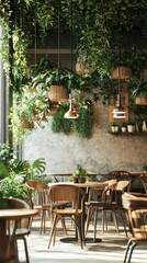Obraz premium A cozy cafe interior filled with lush greenery, wooden furniture, and warm lighting, perfect for relaxation and socializing.