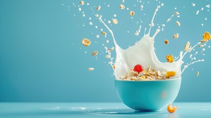 Overhead shot of cereal bowl with milk cascading from above, splashing impact,breakfast scene