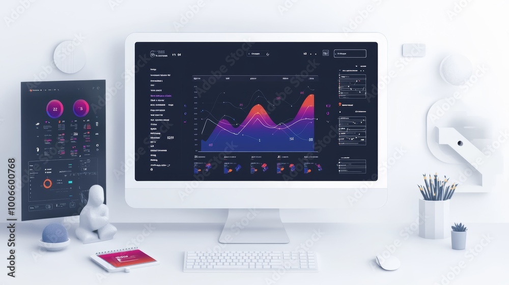 Poster a graphical representation of a modern data dashboard on a computer screen, showcasing analytical gr