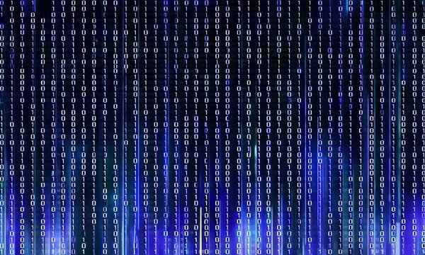 A digital abstract background with binary code flowing down in blue and white hues, creating a sense of futuristic energy and data flow.