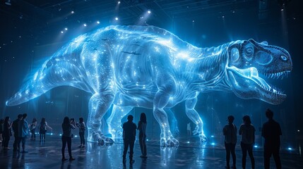 A massive holographic dinosaur awe-inspires viewers at a museum's immersive art exhibition...