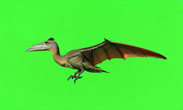 A detailed, evocative prompt capturing the essence of a pterodactyl in flight,  with its leathery wings spread wide and its long, pointed beak open.