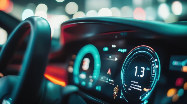 Modern car dashboard showing speed and battery status while driving at night