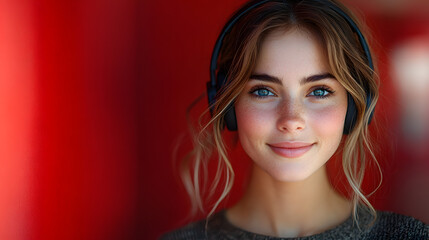 Fototapeta premium Portrait of a Smiling Woman with Headphones Against a Red Background