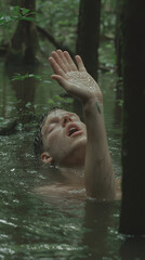 Dramatic Survival: Man Reaching Out for Help While Struggling in a Swamp