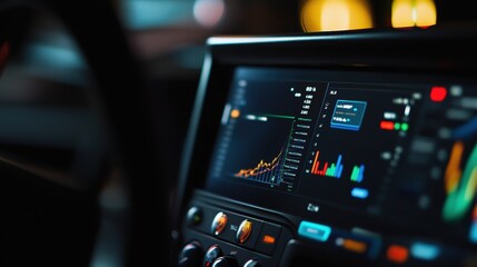 Modern car showing finance charts and statistics on dashboard navigation screen at night