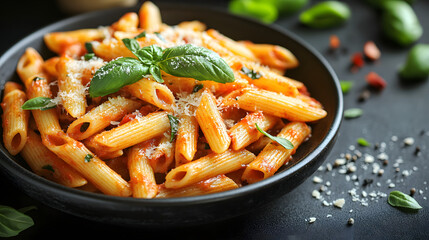 Delicious Penne Pasta with Tomato Sauce, Parmesan Cheese, and Fresh Basil Garnish on a Dark Plate
