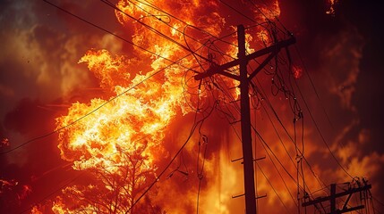A fierce wildfire engulfs trees, sending blazing flames high into the air while power lines loom nearby in a breathtaking yet terrifying display of nature's power