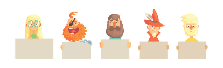 Funny Man and Woman with Empty Plaque and Banner Vector Set