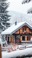Fototapeta premium A cozy wooden cabin nestled in snowy landscape, surrounded by evergreen trees, perfect for winter retreat and relaxation.