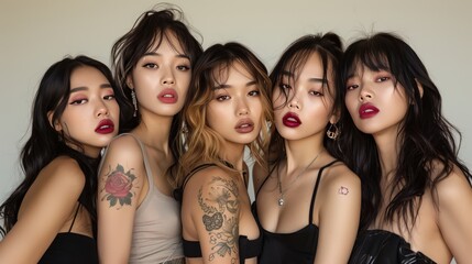 Obraz premium A photo of five beautiful Asian women with tatoo, posing for the camera